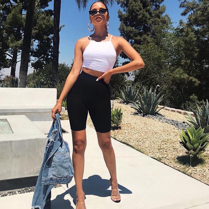 Pantalones cortos sin costuras para mujer, Shorts informales de cintura alta para Fitness, negros, ajustados, a la moda deportiva bajos estrechos para motorista