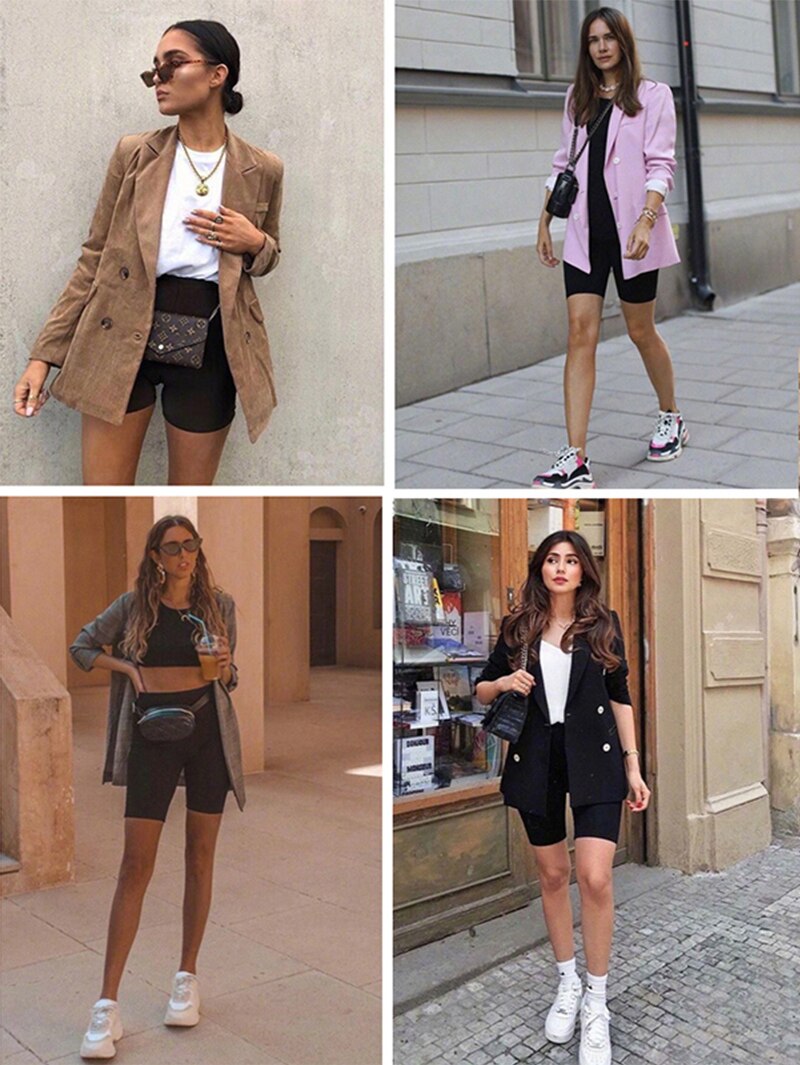 Pantalones cortos sin costuras para mujer, Shorts informales de cintura alta para Fitness, negros, ajustados, a la moda deportiva bajos estrechos para motorista