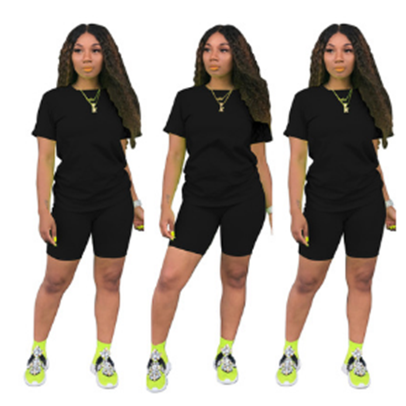 Ropa de dos piezas para mujer, Camiseta de cuello redondo y pantalones cortos ajustados, traje de chándal, conjuntos deportivos informales