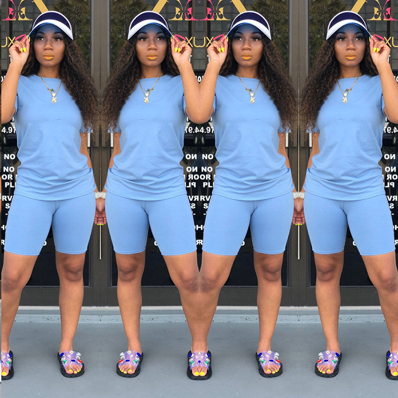 Ropa de dos piezas para mujer, Camiseta de cuello redondo y pantalones cortos ajustados, traje de chándal, conjuntos deportivos informales