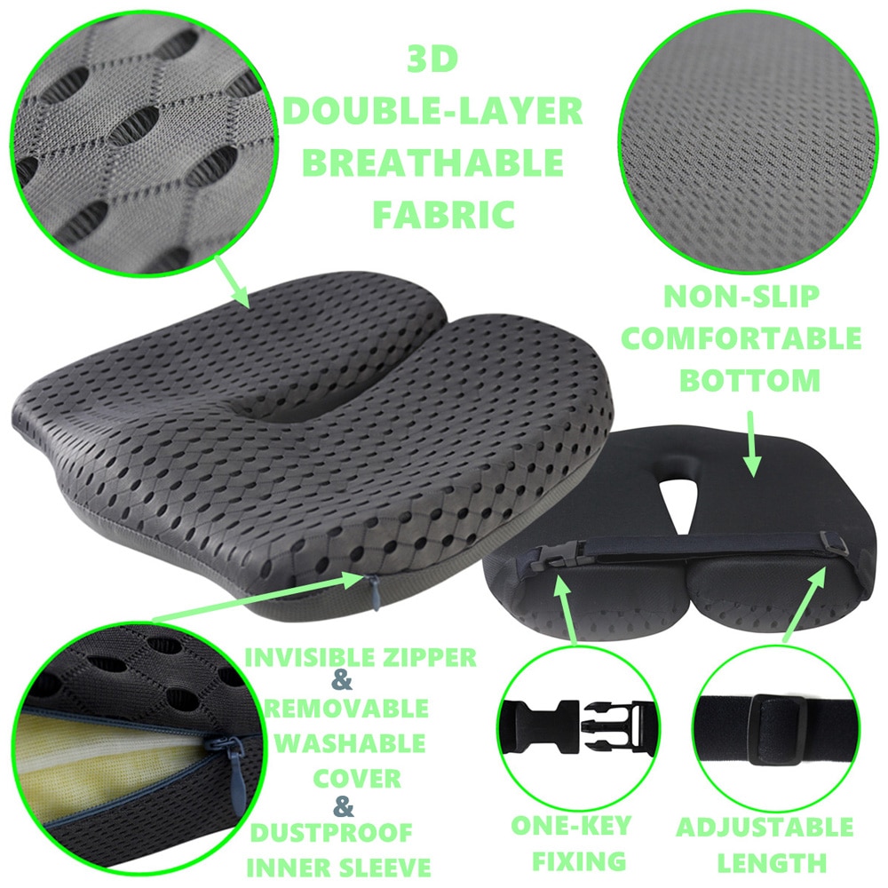 Cojín de asiento de espuma viscoelástica antideslizante para el dolor de espalda, silla ortopédica de coxis para coche y oficina, soporte para silla de ruedas, alivio de ciática en la parte trasera